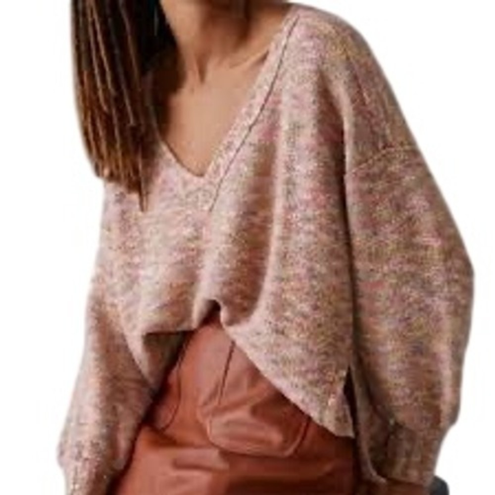 Pilcro and the Letterpress Pink Space Dye V-Neck Oversized Sweater Womens SP